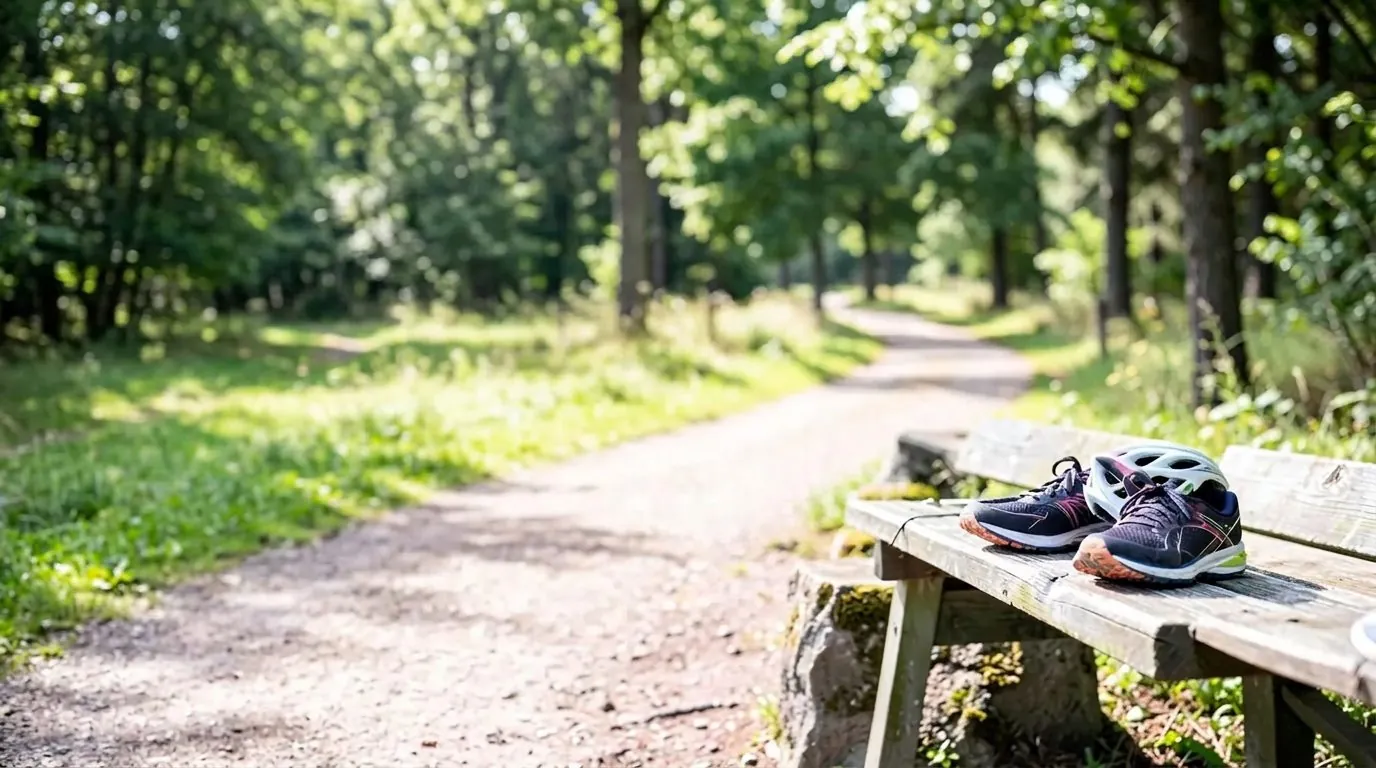 Träningsutrustning vid en ljus parkstig