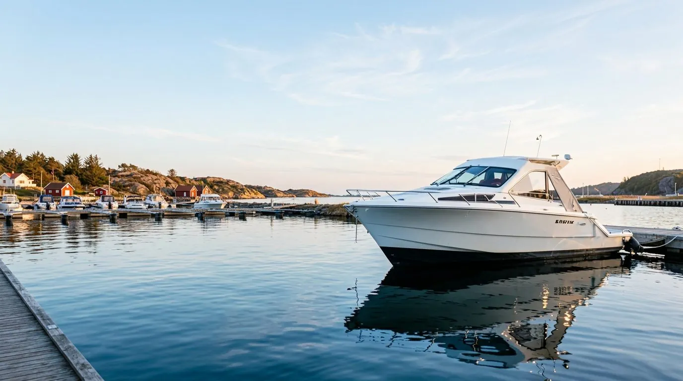 Motorbåt vid en lugn brygga i skärgården
