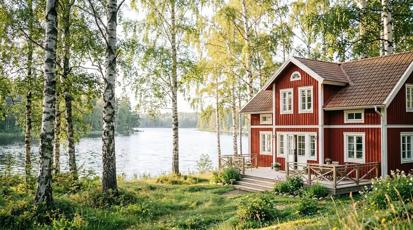 Rött fritidshus vid vatten