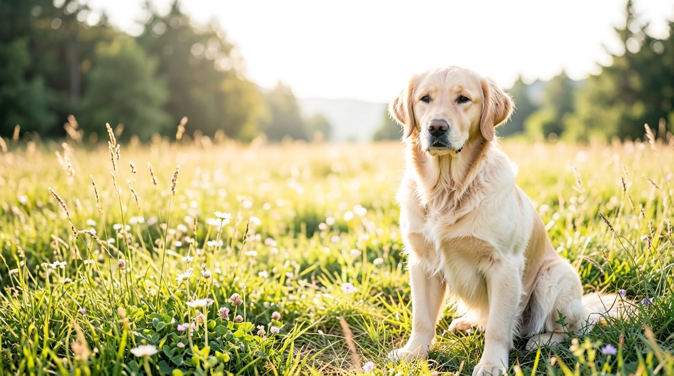 Golden retriever i en ljus sommaräng