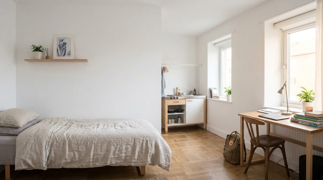 Ljust studentrum med skrivbord och säng
