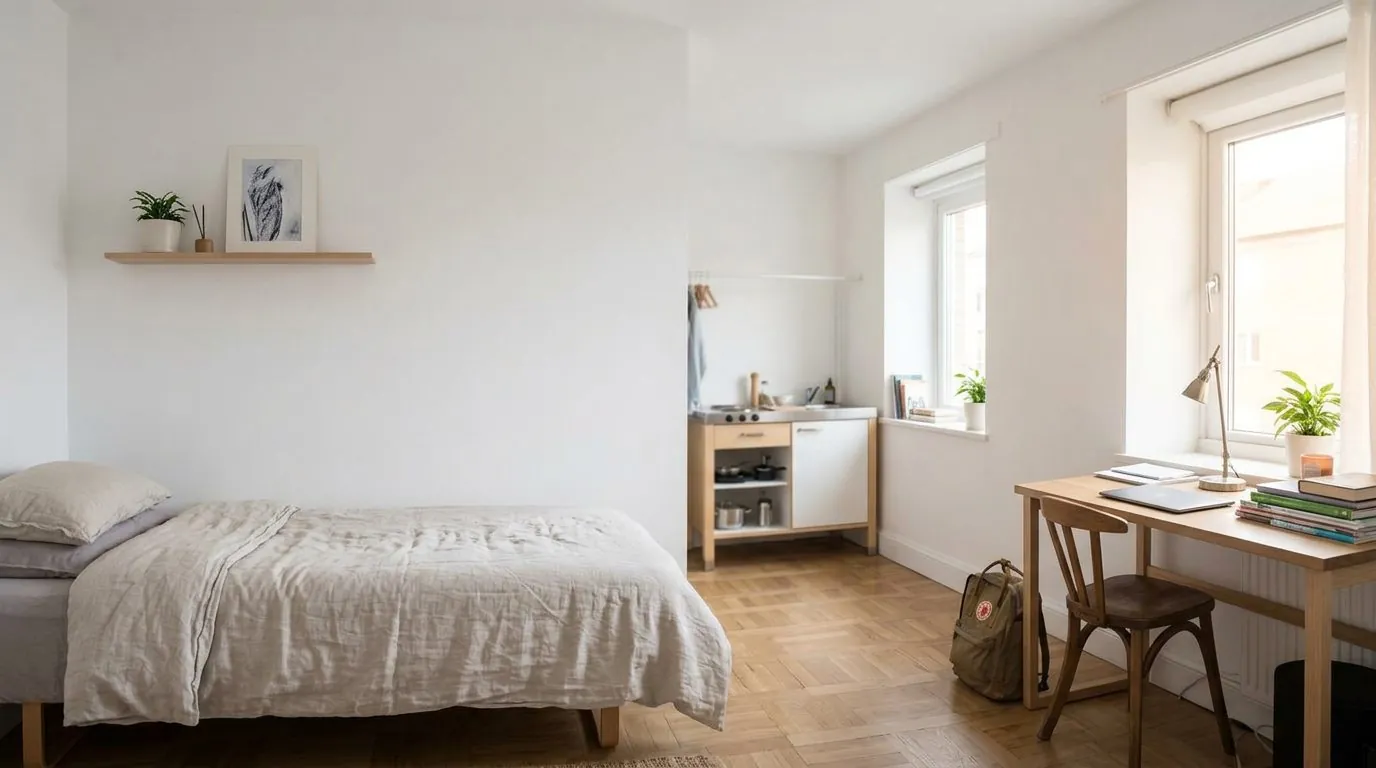 Ljust studentrum med skrivbord och säng