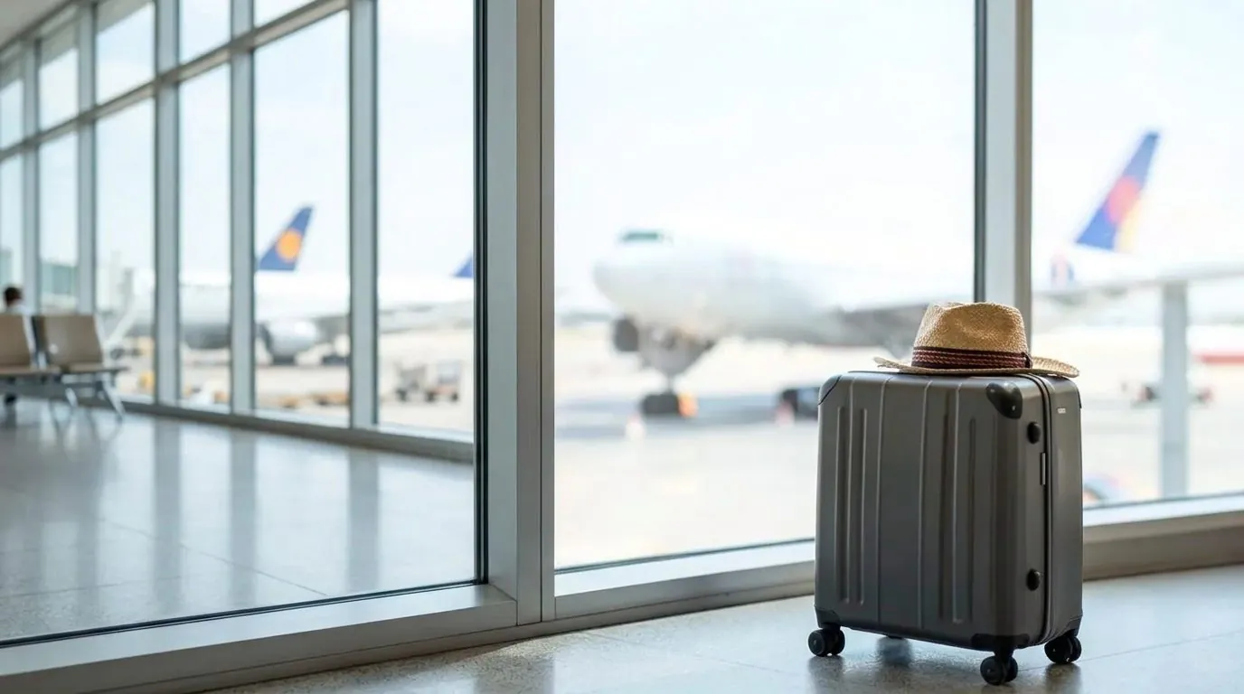 Resväska vid ett ljust flygplatsfönster